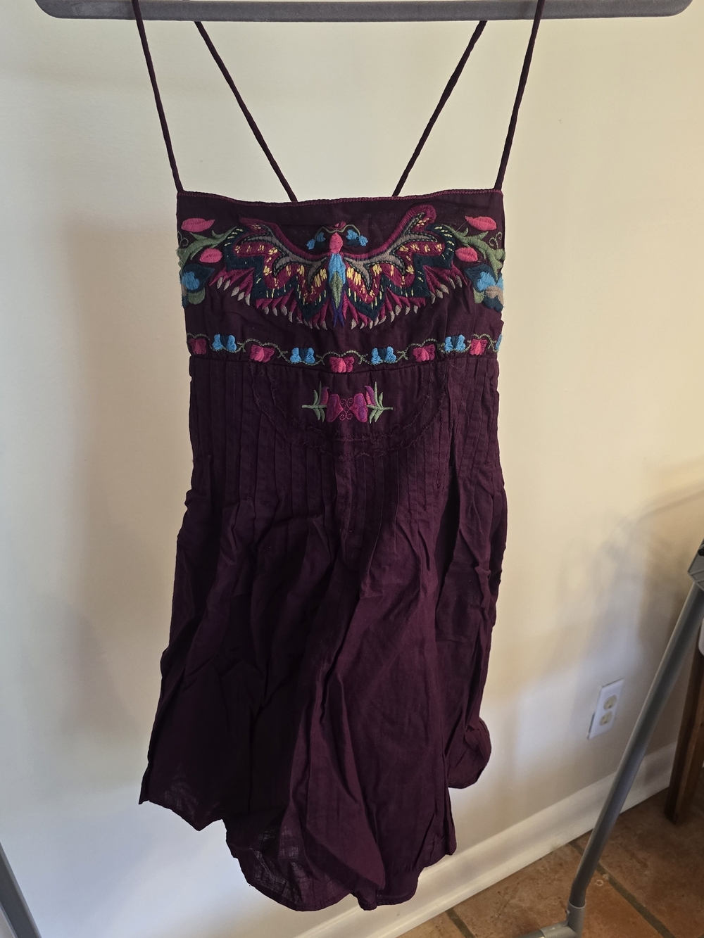 Free People Vintage Purple Floral Embroidered Bohemian Mini Dress Size 12